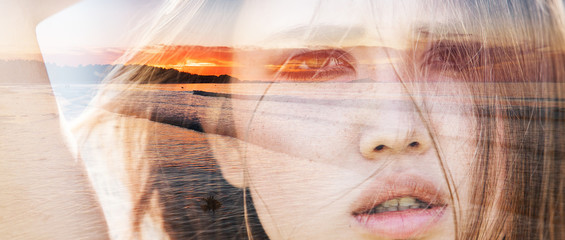 Letterbox double exposure of beautiful girl and sea sunset