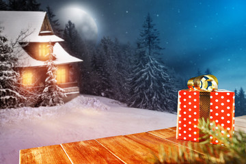 desk top and winter night 