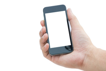 Man hand with mobile phone on white background