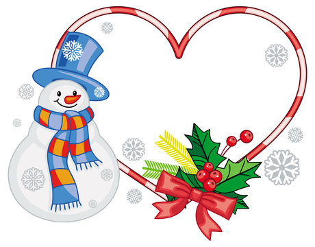 Heart-shaped frame with Christmas decorations and smiling snowman in funny hat. 