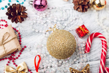 Christmas decorations on white wooden background