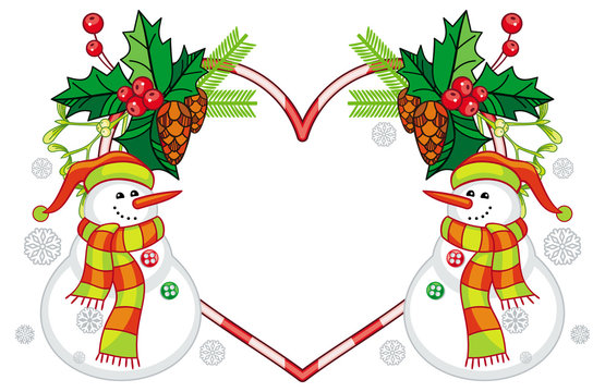 Heart-shaped frame with Christmas decorations and smiling snowman in funny hat. 