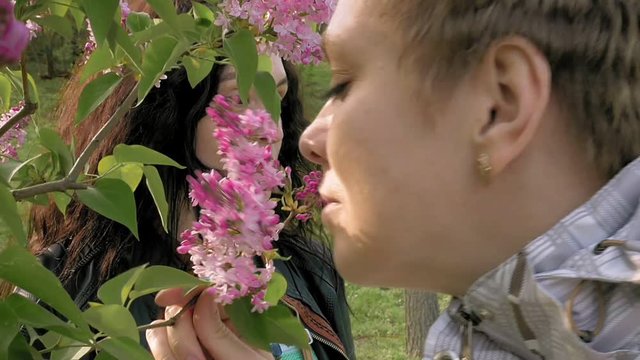 Two pretty girls or young women sniffing smelling at lilac flowers in the green park in spring. Togetherness and friendship positive springtime concept.