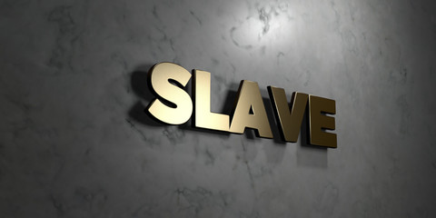 Slave - Gold sign mounted on glossy marble wall  - 3D rendered royalty free stock illustration. This image can be used for an online website banner ad or a print postcard.