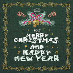 Fototapeta na wymiar Merry Christmas and Happy New Year words on green background.