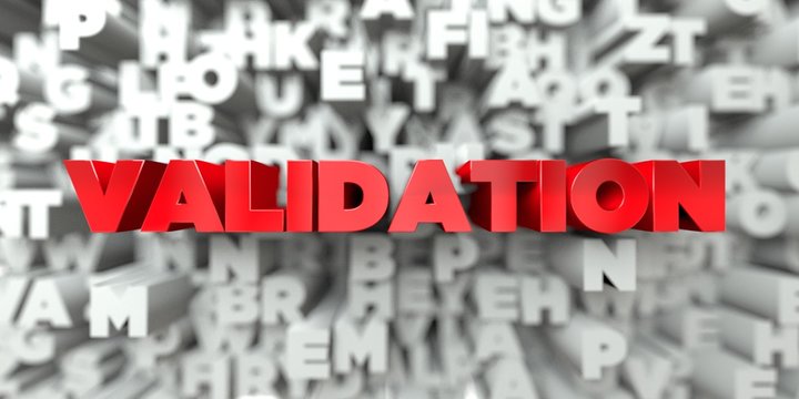 VALIDATION -  Red text on typography background - 3D rendered royalty free stock image. This image can be used for an online website banner ad or a print postcard.