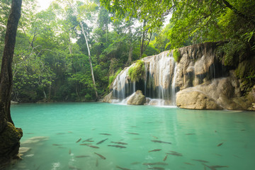 Fototapeta na wymiar Beautiful and Breathtaking waterfall, Erawan's waterfall, Locate