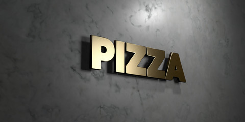 Pizza - Gold sign mounted on glossy marble wall  - 3D rendered royalty free stock illustration. This image can be used for an online website banner ad or a print postcard.