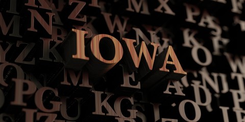 Iowa - Wooden 3D rendered letters/message.  Can be used for an online banner ad or a print postcard.
