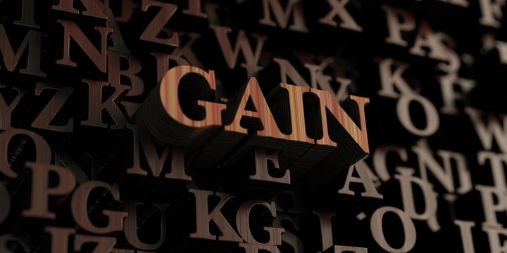 Gain - Wooden 3D rendered letters/message.  Can be used for an online banner ad or a print postcard.