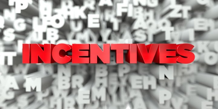 INCENTIVES -  Red text on typography background - 3D rendered royalty free stock image. This image can be used for an online website banner ad or a print postcard.