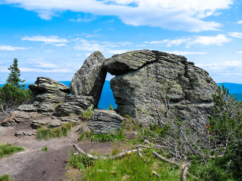 Fototapeta Stone window in Jeseniky mountains in summer.
