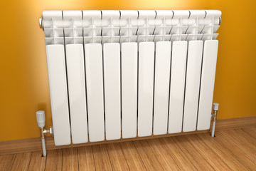 Heater radiator on yellow wall in house. 3d image