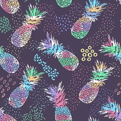 Creative trendy colorful seamless pattern with pineapples. Hand drawn exotic artistic texture. © olechkaart