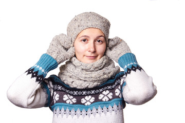 young beautiful girl winter portrait on white background,copyspace