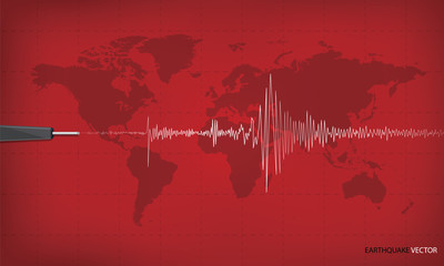 Seismic activity graph showing an earthquake on world map backgr