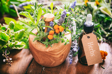 Herbs, essential oil and mortar on wooden background, tag with text herbs