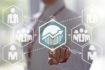 Business, finance, technology and internet concept - businesswoman presses circular graph button on virtual screens. Pie chart on a touch screen interface. The diagrams in business. Hexagon style.