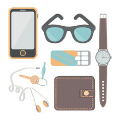 Things a man carries with him: a watch, a phone, headphones, keys, wallet, chewing gum, sunglasses, headphones. Vector illustration.
