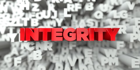 INTEGRITY -  Red text on typography background - 3D rendered royalty free stock image. This image can be used for an online website banner ad or a print postcard.