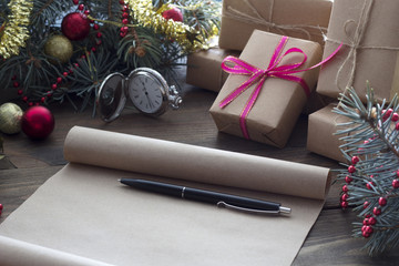 scroll of old parchment and pen, Christmas gifts,