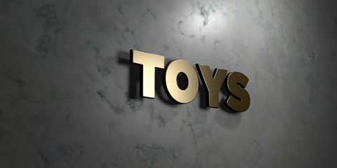 Toys - Gold sign mounted on glossy marble wall  - 3D rendered royalty free stock illustration. This image can be used for an online website banner ad or a print postcard.