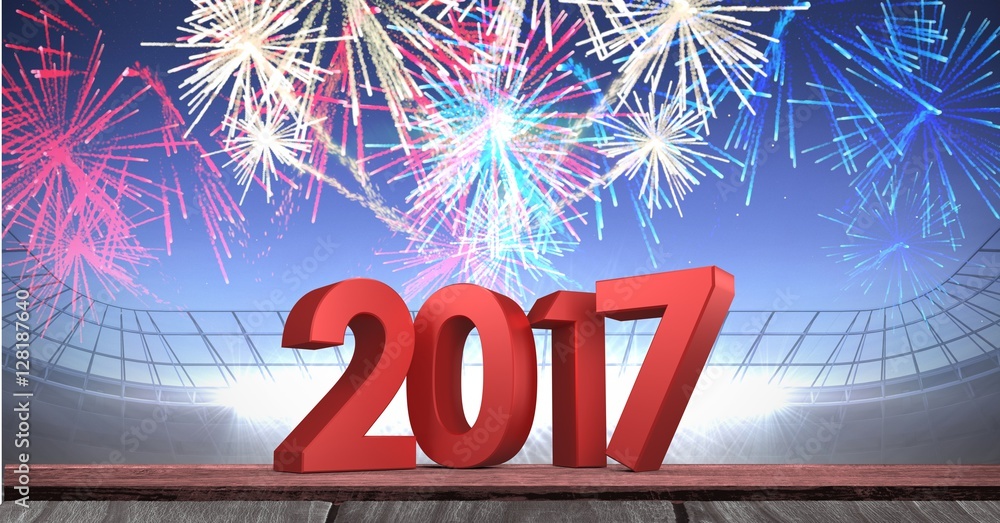 Poster 2017 against a composite image of fireworks in stadium