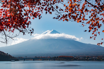 Mt. Fuji at kawaguchiko lake in japan, Autumn season red maple in japan with mountain fuji and blue sky