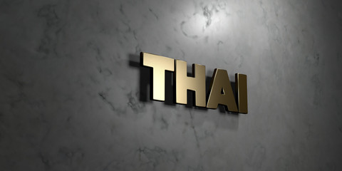 Thai - Gold sign mounted on glossy marble wall  - 3D rendered royalty free stock illustration. This image can be used for an online website banner ad or a print postcard.
