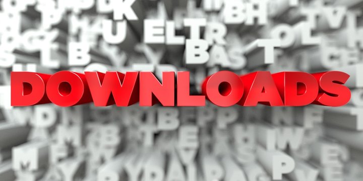 DOWNLOADS -  Red text on typography background - 3D rendered royalty free stock image. This image can be used for an online website banner ad or a print postcard.