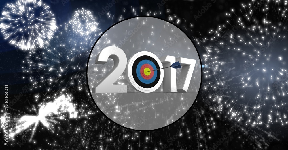 Poster darts target as 2017 against composite image of fireworks