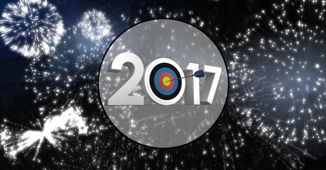 Darts target as 2017 against composite image of fireworks - obrazy, fototapety, plakaty