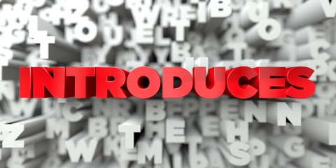 INTRODUCES -  Red text on typography background - 3D rendered royalty free stock image. This image can be used for an online website banner ad or a print postcard.