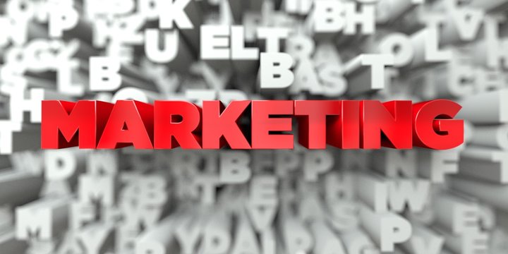 MARKETING -  Red text on typography background - 3D rendered royalty free stock image. This image can be used for an online website banner ad or a print postcard.