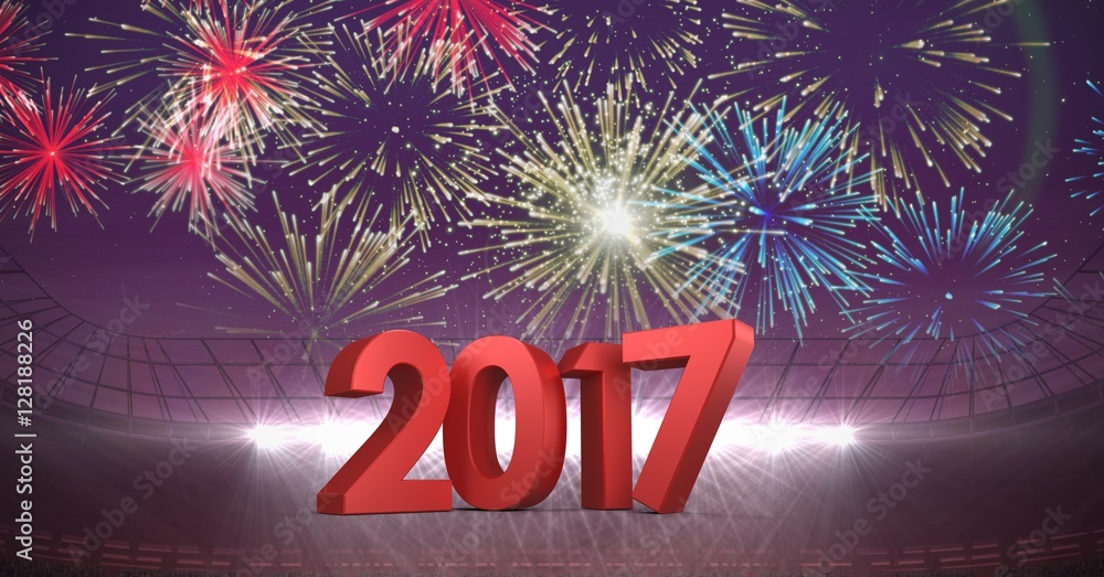Poster 2017 against a composite image of fireworks in stadium