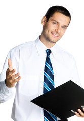 Businessman with folder, on white