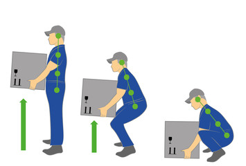 Correct posture to lift a heavy object safely. Illustration of health care. vector illustration - obrazy, fototapety, plakaty