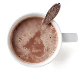 Papier Peint photo Chocolat Cocoa drink in white mug isolated on white, from above