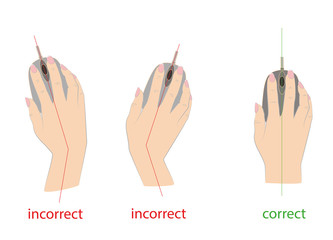 correct and incorrect to hold a computer mouse. vector illustration.
