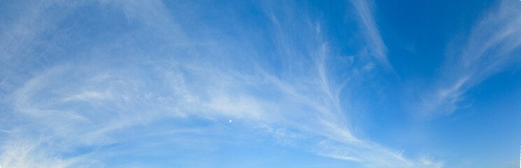 Blue sky and white cloud panorama on summer. Good weather day background with copy space.