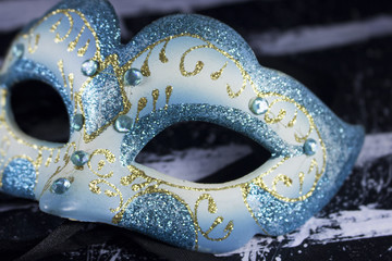 white blue glitter diamond masquerade mask party on black and white acrylic paint canvas