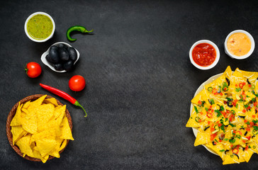 Nachos with Dip and Vegetables on Copy Space