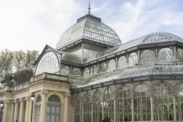 Fototapeta na wymiar Travel, Glass palace of madrid in the garden of the retreat, spa