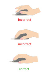 correct and incorrect to hold a computer mouse. vector illustration.