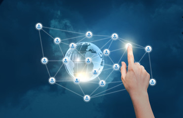 businesswoman clicks on the contact button in the network