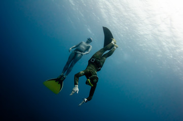 Obraz na płótnie Canvas Two freedivers have fun in the depth