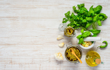 Fototapeta na wymiar Pesto and Green Fresh Herbs with Copy Space Area