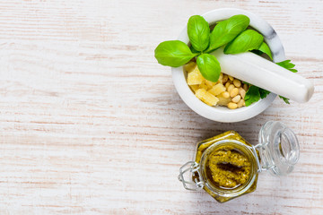 Pesto with Pestle and Mortar on Copy Space Area