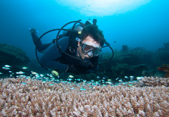 Diver,coral and fish, Raja Ampat. Indonesia.