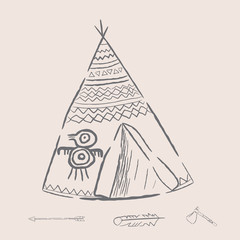 Hand drawn illustrations wigwam with decorative elements and a set of arrows, feather and tomahawk. Authentic tepee for design card. North American Indian wigwam © ptahai